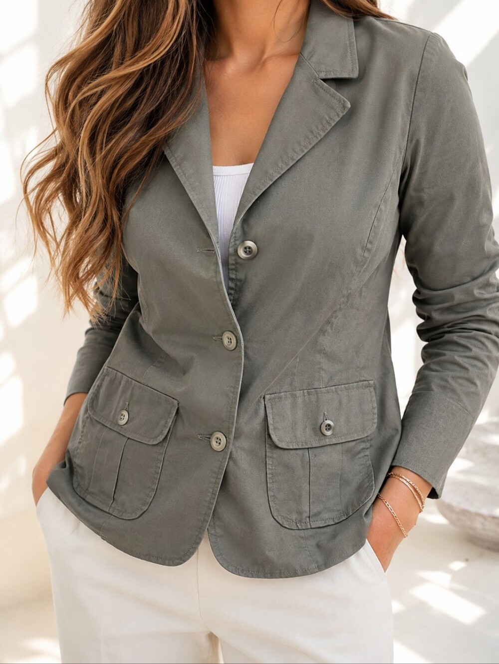 Jessica Plus Olive Utility Blazer Jacket 1X Cotton Blend Stretch Khaki